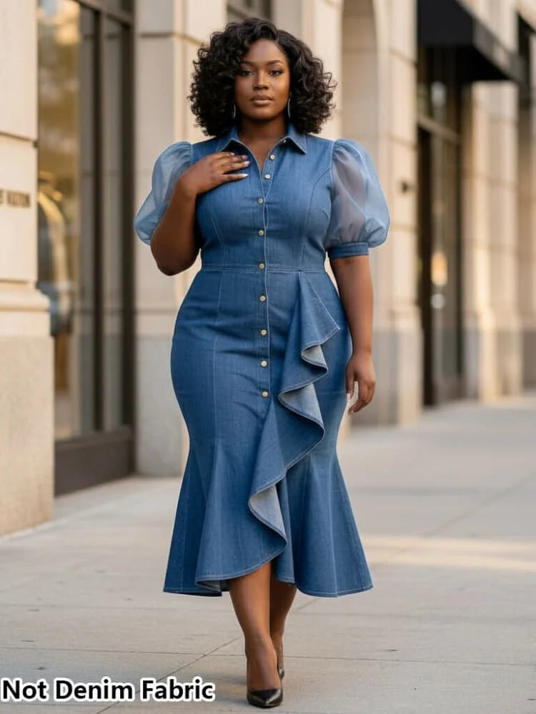 Plus Size Shirt Collar Puff Sleeve Button Decor Ruffle Midi Dress For Women Office Business Mermaid Bodycon Dress
