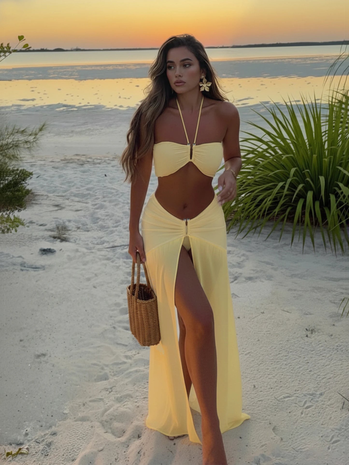 Halter Neck 3 Piece Bikini Set with Sheer Split Maxi Skirt