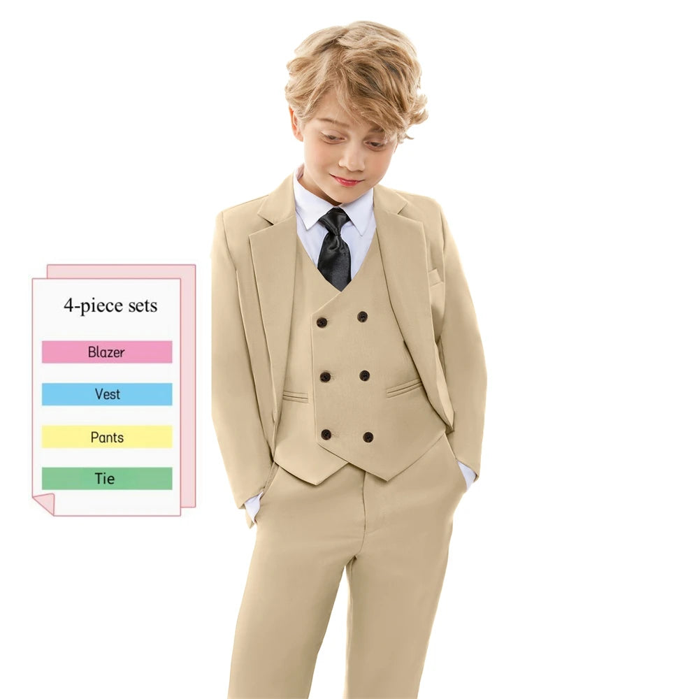 Beige Boy's Formal Suit Set, 4 Pieces Regular Fit Kids Smart Prom Suits, Jacket Vest Pants Tie Classy Solid Tuxedo For Wedding
