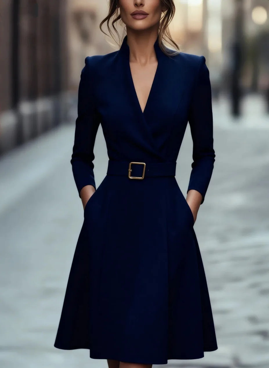 solid color V-neck waist-cinching long-sleeved  dress with a wide skirt for women