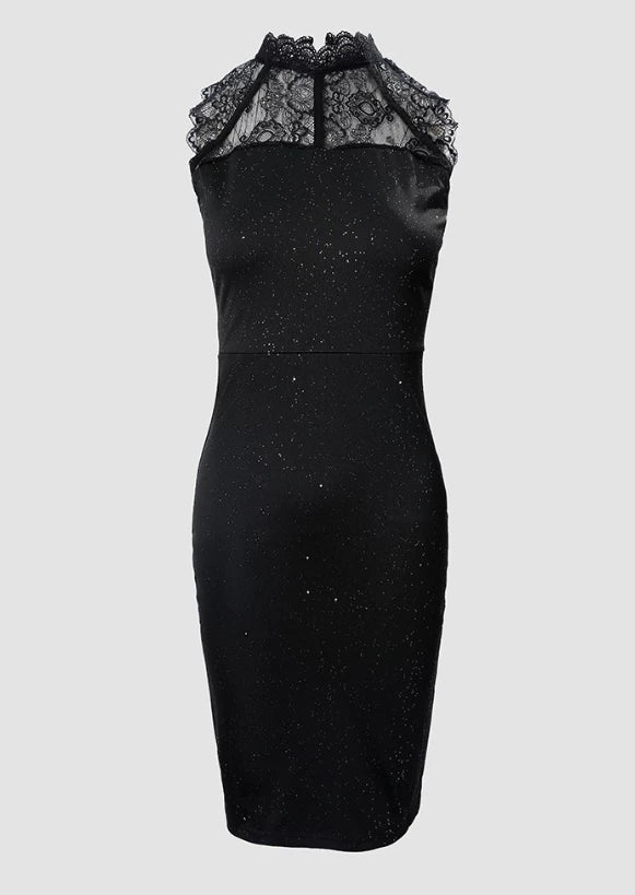 Glitter Print Contrast Lace Casual O-Neck Sleeveless  Dress