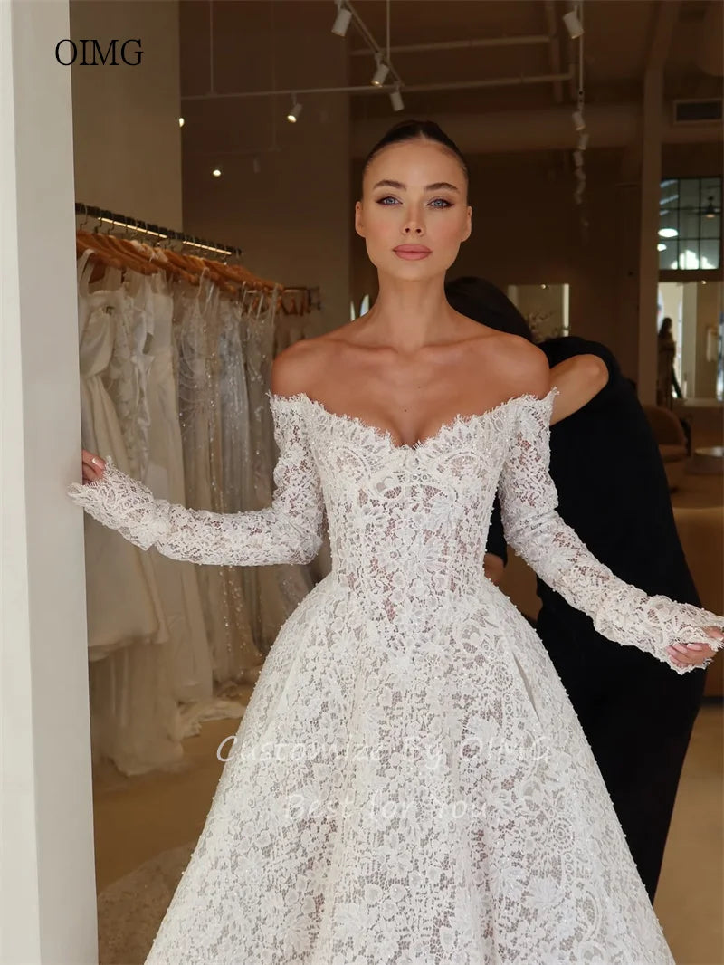 Lace Off The Shoulder A Line Wedding Dress Backless
