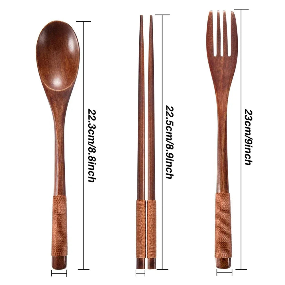 3 Pieces Tableware Natural Wood Dinnerware Spoon Chopsticks