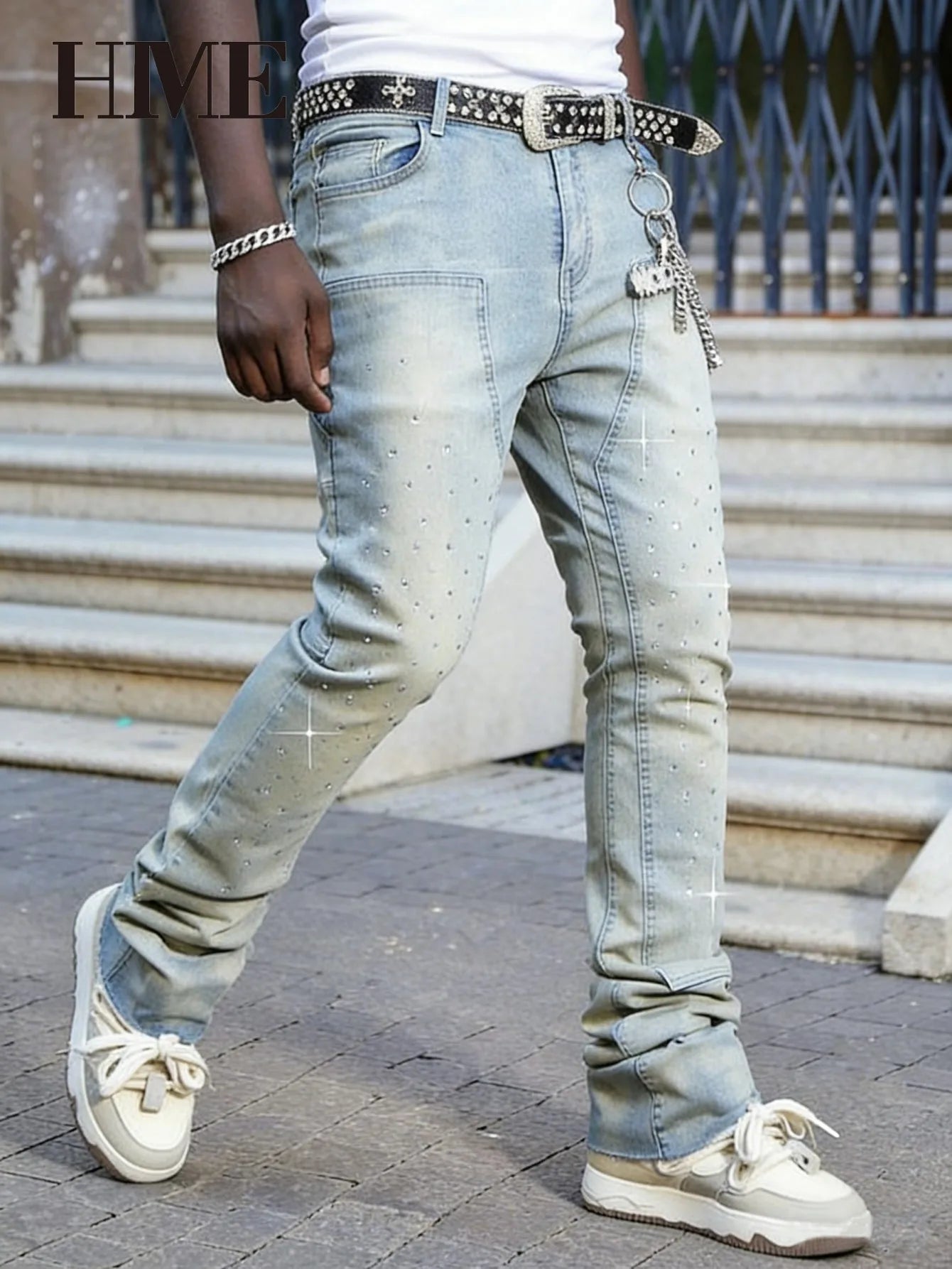 【HME】Men's jeans | Rhinestone Embellished Stacked Flare Denim pants for men, light vintage washed denim trousers with full‑body hot‑fix rhinestones, contrast stitching, multi‑pocket construction fashion streetwear m