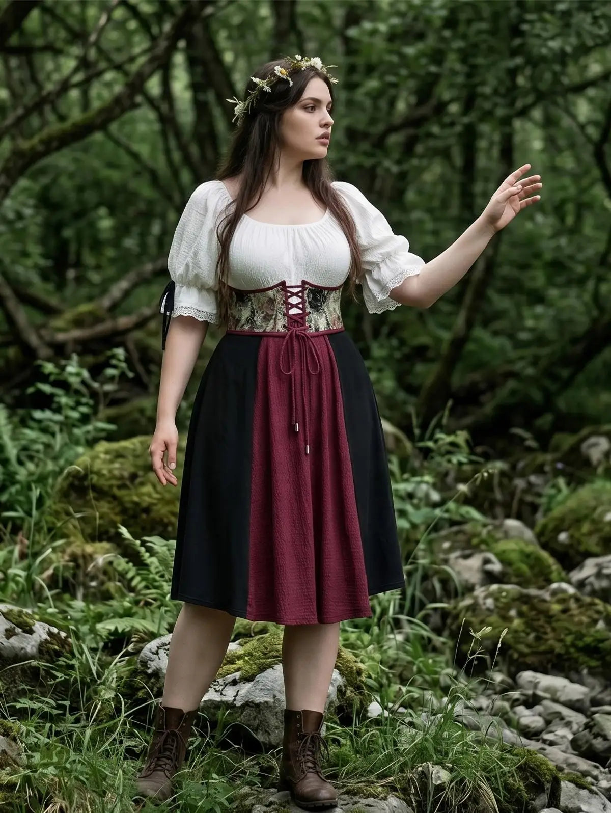 Plus Size Medieval Renaissance Dress Lace-up Corset Grommets Ruffles Lace Trim Dress Victorian Halloween Cosplay Costume