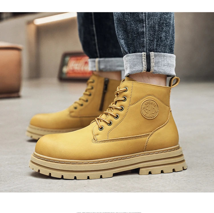 New autumn and winter men's boots rain boots high-top fashion side zipper motorcycle boots men's outdoor warm booties lacing 46