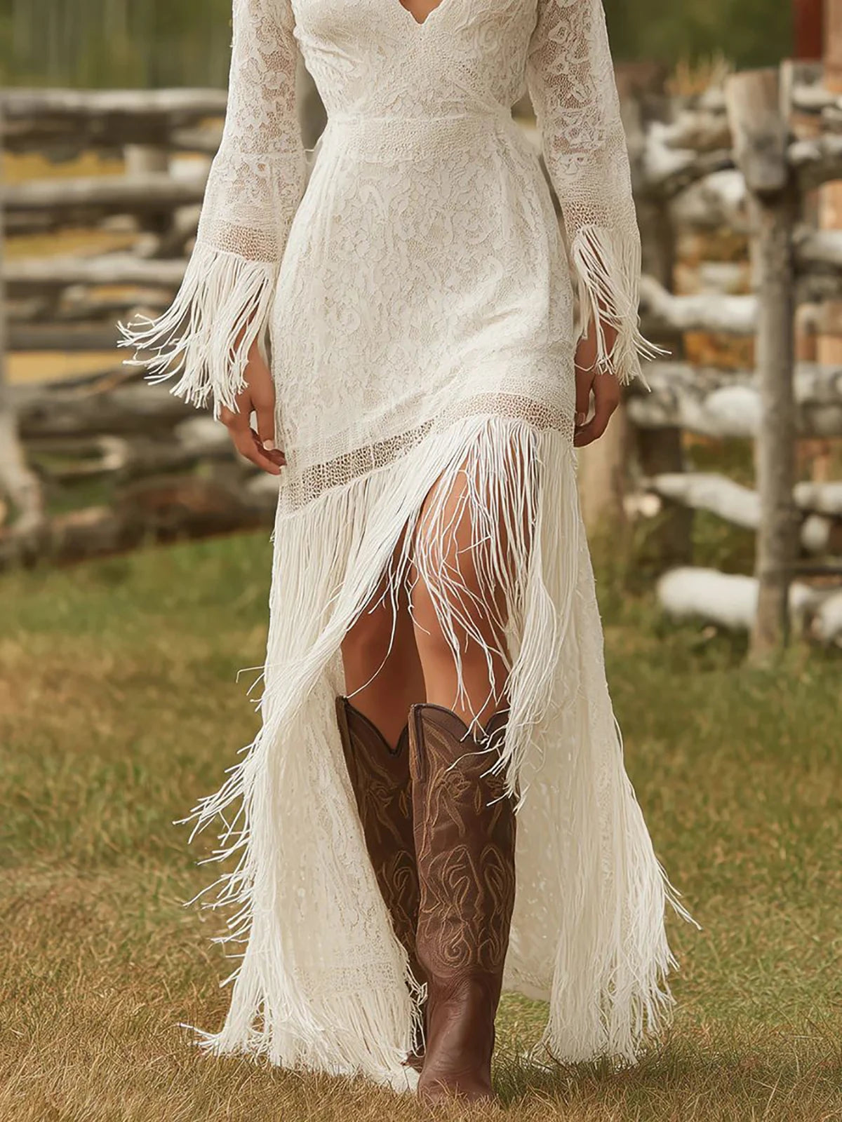 Tassel Dress White Lace V Neck Fringe Sleeve Autumn Fashion Party Dress Wedding Guest Maxi Dresses