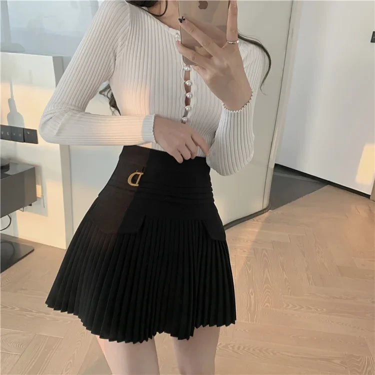 White Pleated Skirts High Waist Mini Metal Letter D A-Line