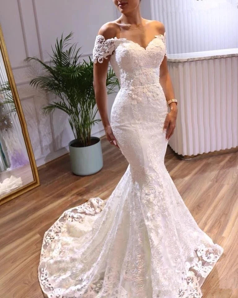 Off The Shoulder  Wedding Dresse Sweetheart Lace Appliques Tulle Formal Bridal Gown