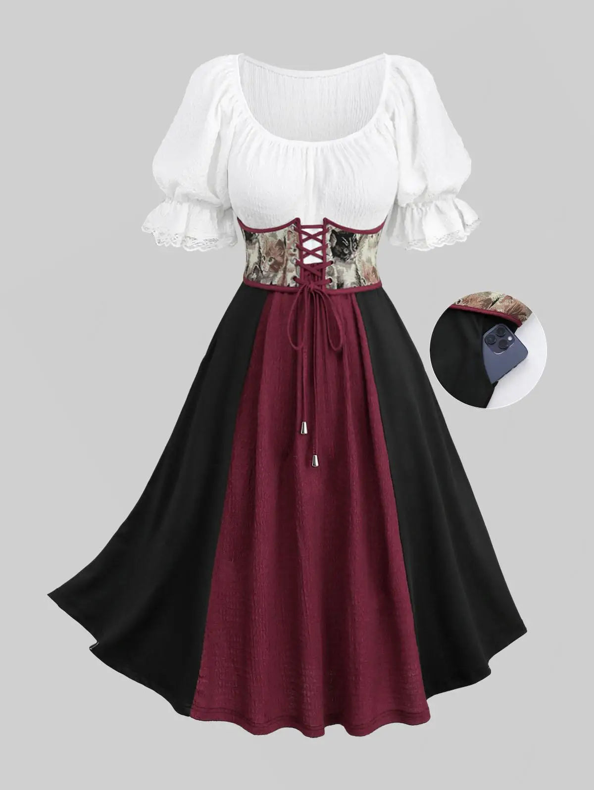 Plus Size Medieval Renaissance Dress Lace-up Corset Grommets Ruffles Lace Trim Dress Victorian Halloween Cosplay Costume