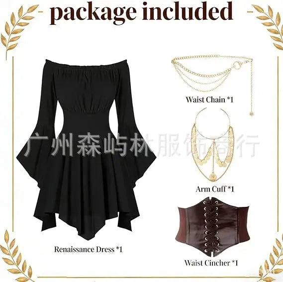 Women's Dress Suit Halloween Renaissance Medieval Pirate Dress Off-the-Shoulder Flared-Sleeve