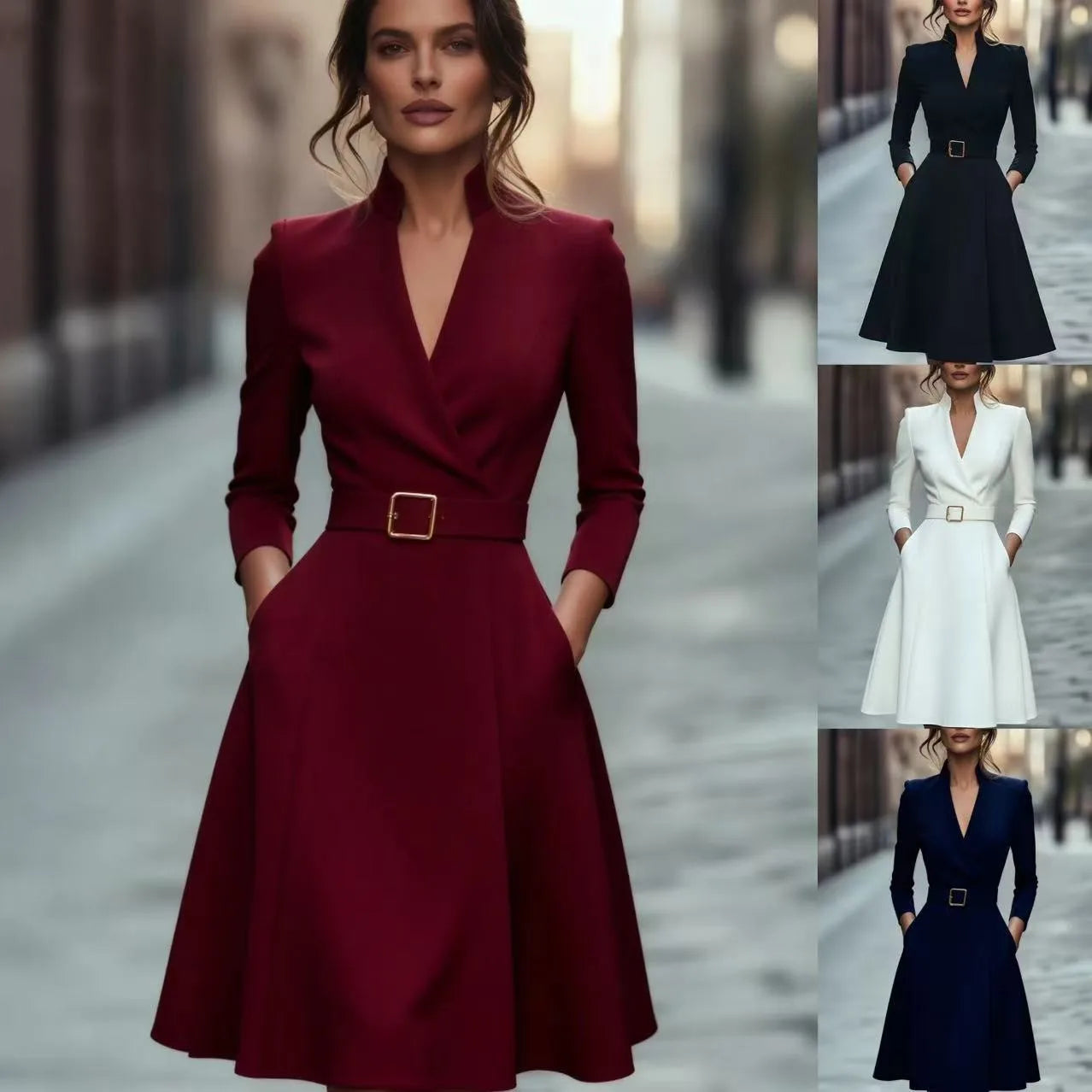 solid color V-neck waist-cinching long-sleeved  dress with a wide skirt for women