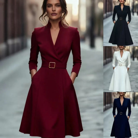solid color V-neck  long-sleeved  dress with a wide skirt for women