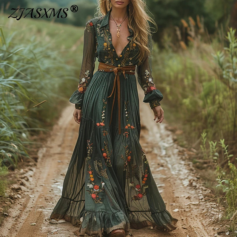 Floral Print Pleated Long Maxi Dress