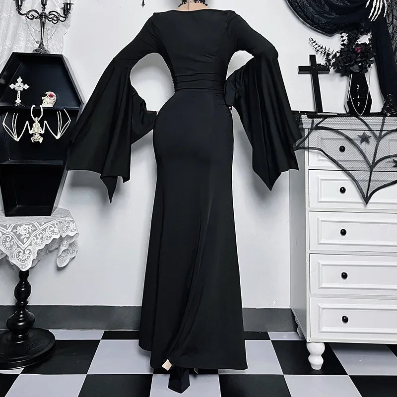 Halloween Costume Women Batwing Sleeve Floor Dress Black Gothic Evil Terror