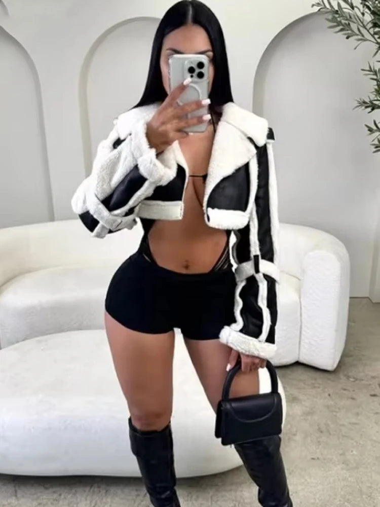 Furry Patchwork Women Crop Jacket Hipster Full Sleeve