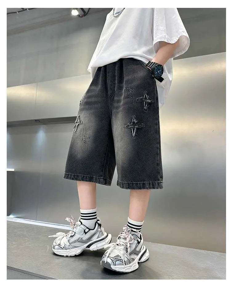 Boys Denim Shorts with Star Pattern