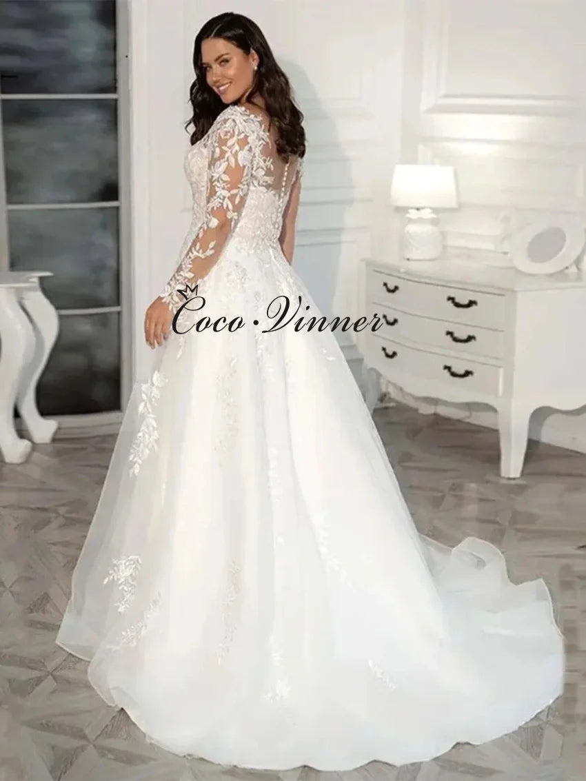 Long Sleeves Civil Wedding Dresse Countryside A line Lace Appliques Short Train Simple Boho Bride Dress W1135
