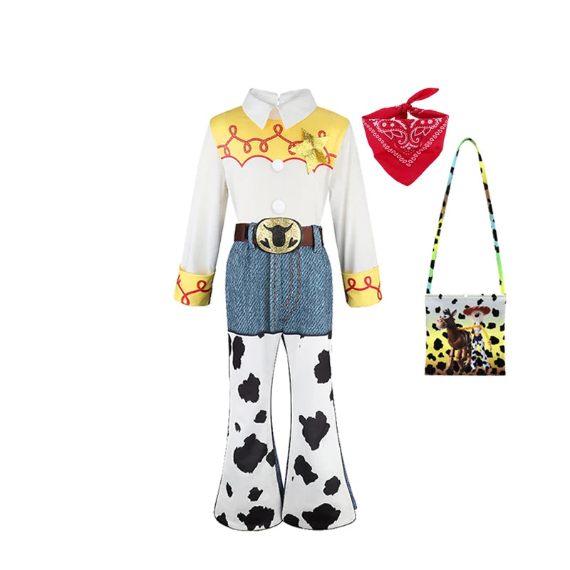 2026 Jessie Cowgirl Costume 2 Piece Set Sleeve shirt Cow Print Flared Pants Kids Cosplay Outfit