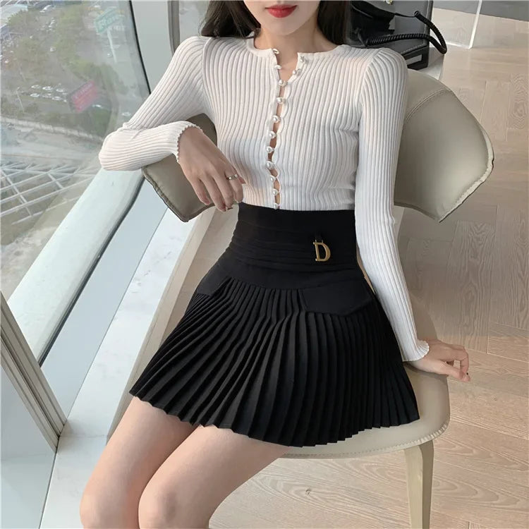 White Pleated Skirts High Waist Mini Metal Letter D A-Line