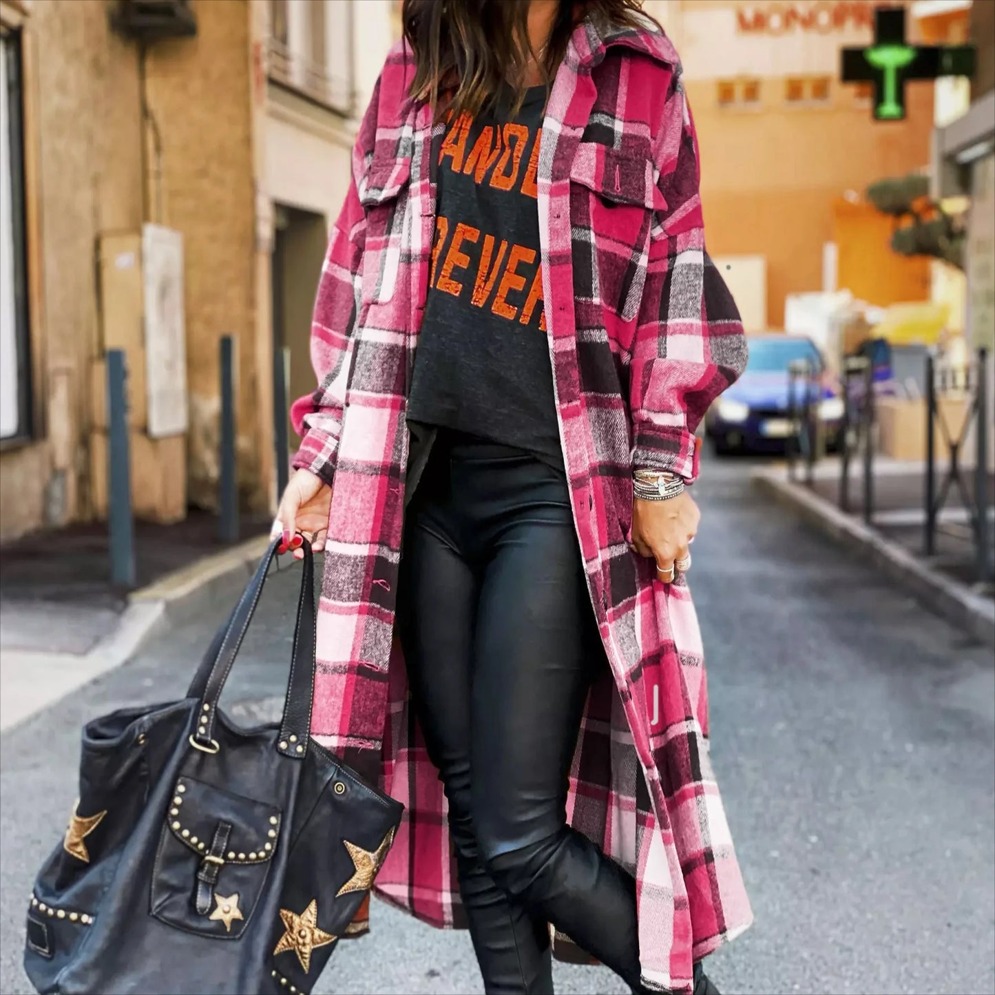 Women Coat Plaid Print Long Maxi Button Coats