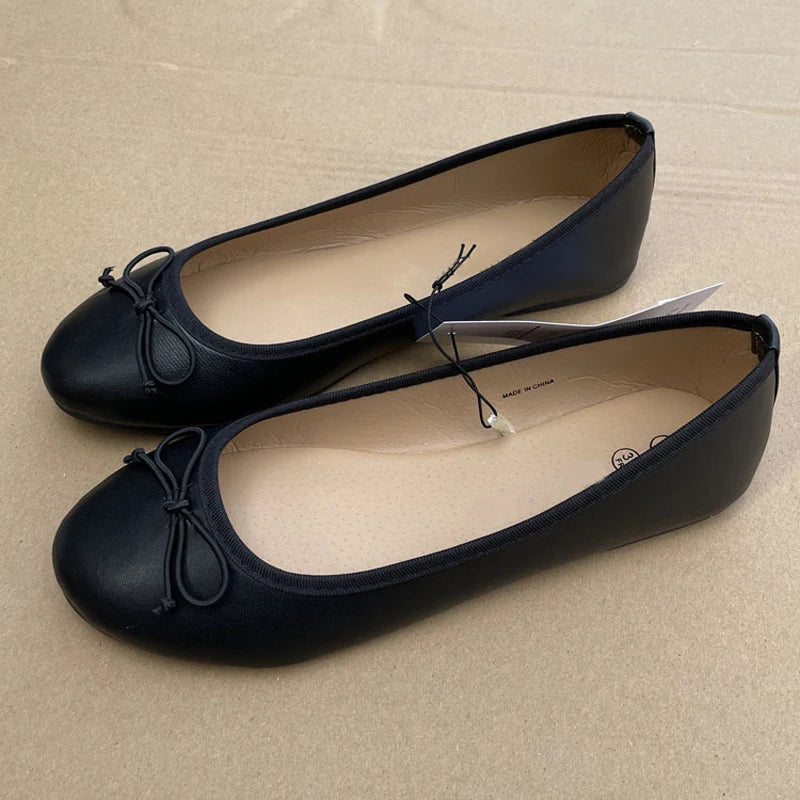Bowknot Ballet Flats Classic Shoe Round Toe Comfort Slip-On Ladies Fashion Loafers Leather Mules Shoes