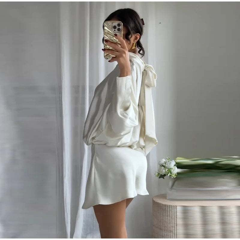 Satin Mini Dress  Scarf Collar Batwing Sleeve