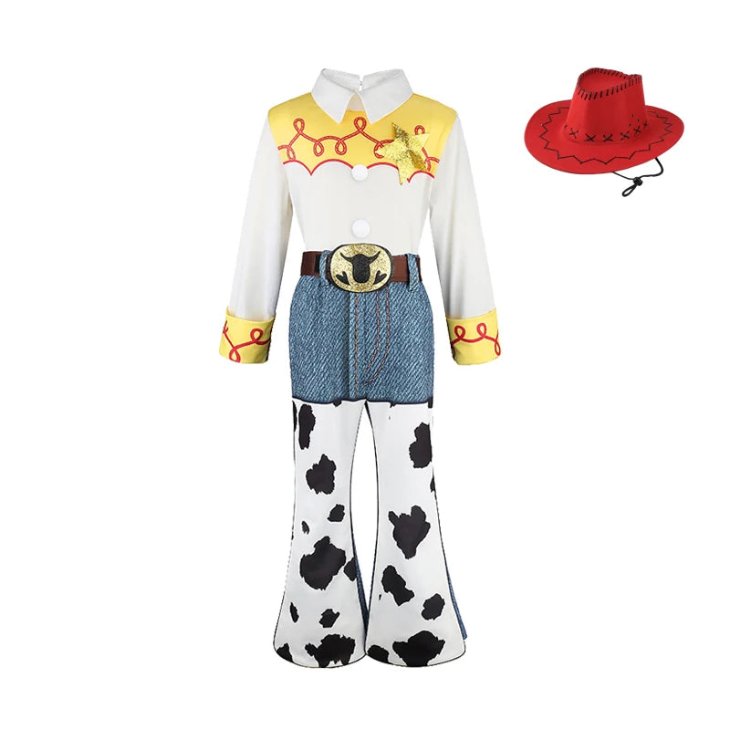 2026 Jessie Cowgirl Costume 2 Piece Set Sleeve shirt Cow Print Flared Pants Kids Cosplay Outfit