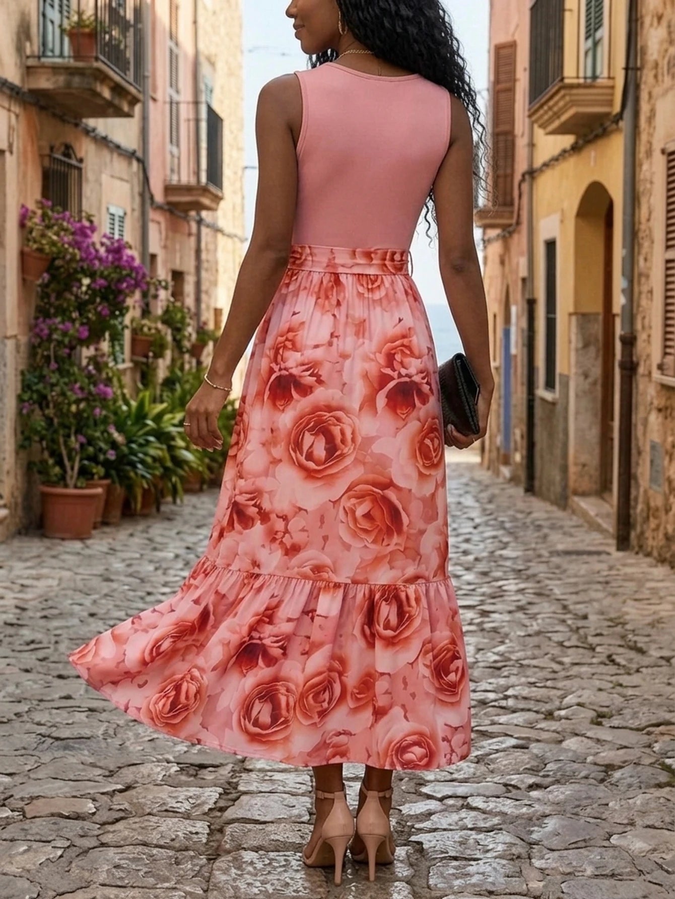 Women Round Neck Sleeveless Floral Print Midi Dress Ruffle Hem A Line Dress With Self Tie Belt For Casual Holiday Occasion