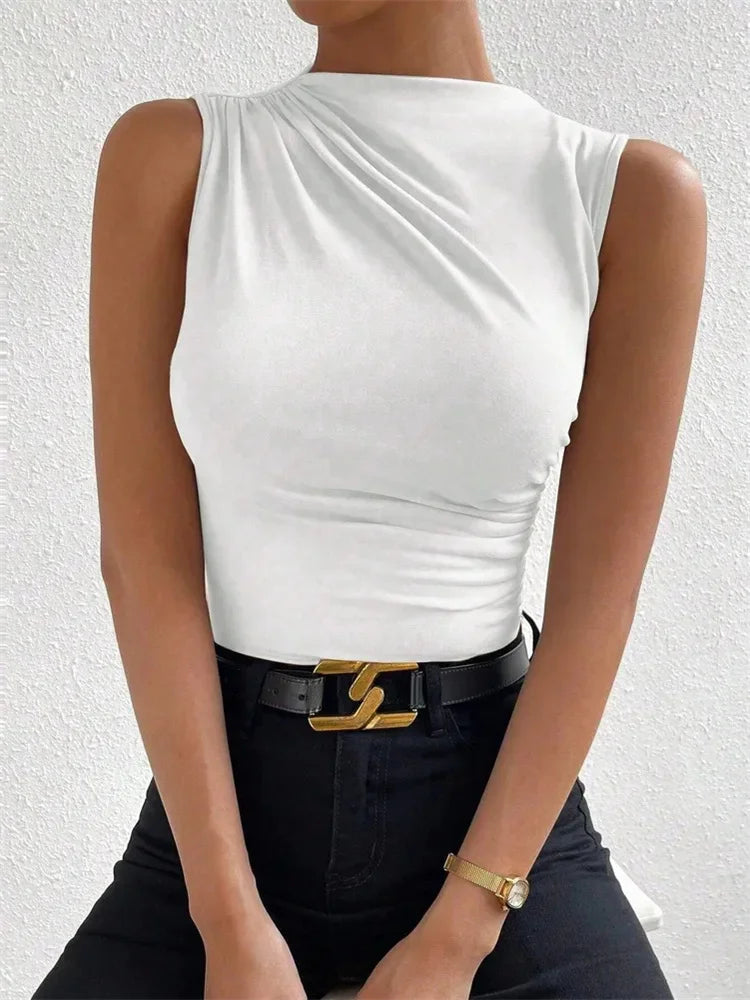 Mock Neck Ruched Tank Top for Women Summer 2024 Solid Color Pleated Sleeveless Tee Shirt Tshirt Streetwear Y2K