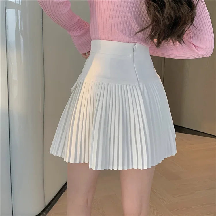 White Pleated Skirts High Waist Mini Metal Letter D A-Line
