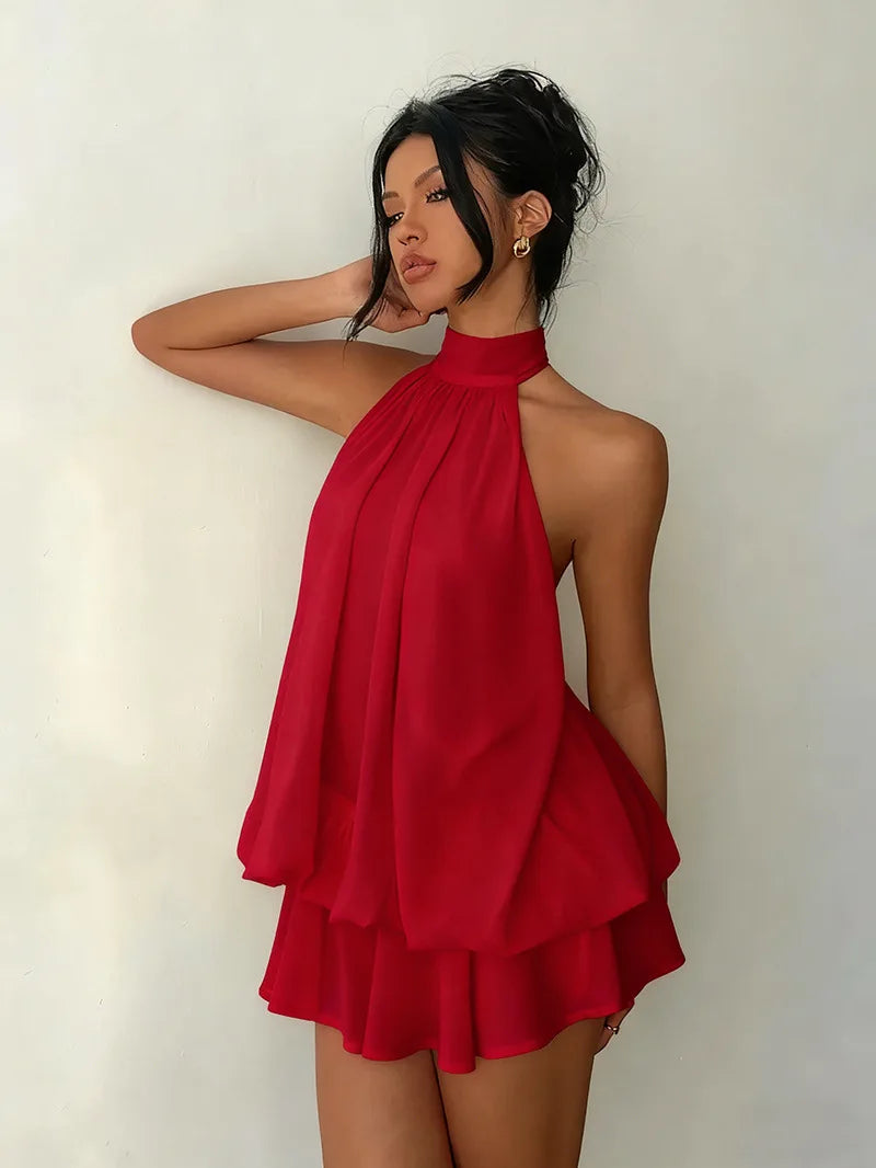 Halter Neck Backless Tie Mini Dress