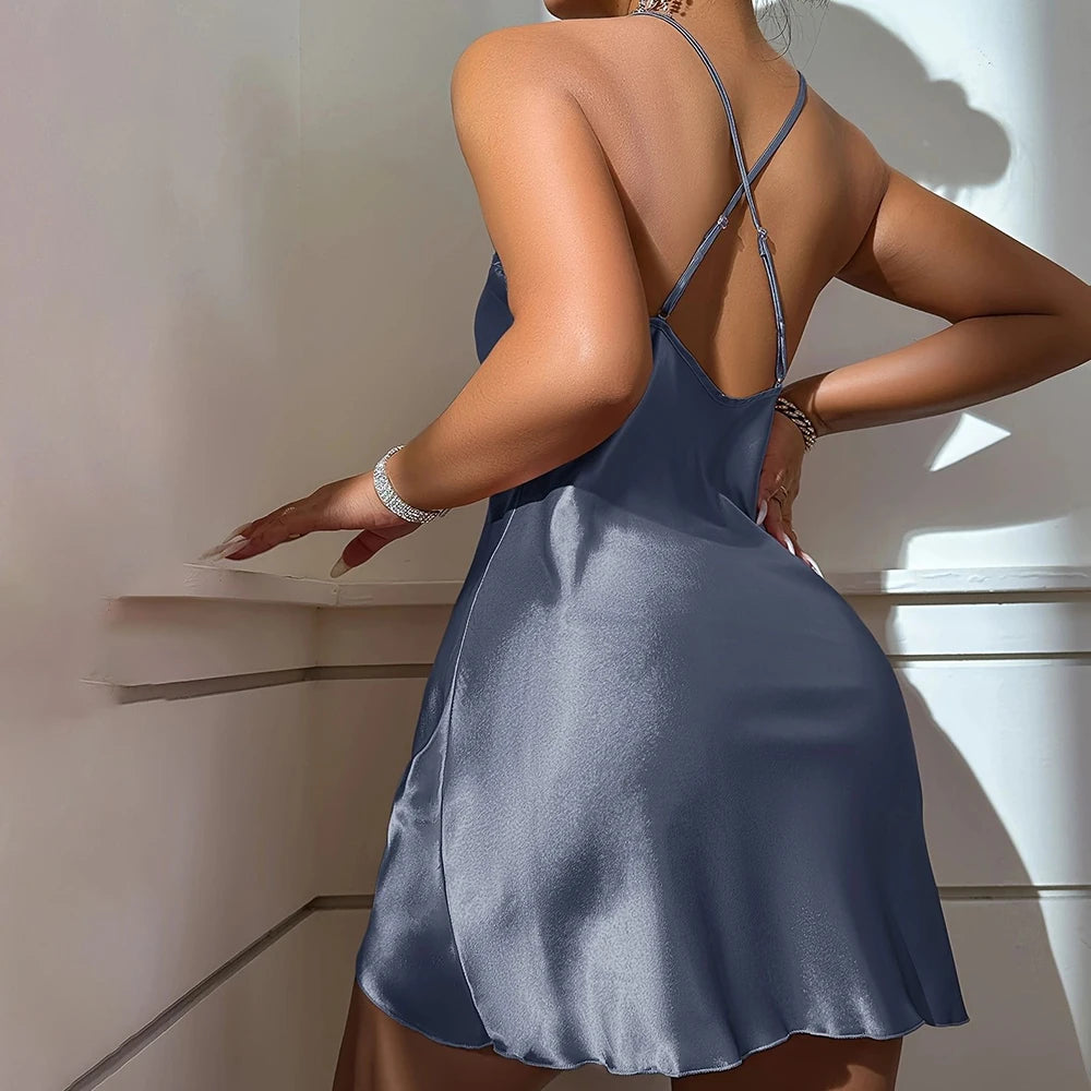 Women Sexy Pajamas Nightdress Ice Silk Backless Camisole Dress Sleepwear Women's Simulated Silk Nightgown