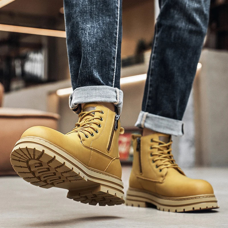 New autumn and winter men's boots rain boots high-top fashion side zipper motorcycle boots men's outdoor warm booties lacing 46