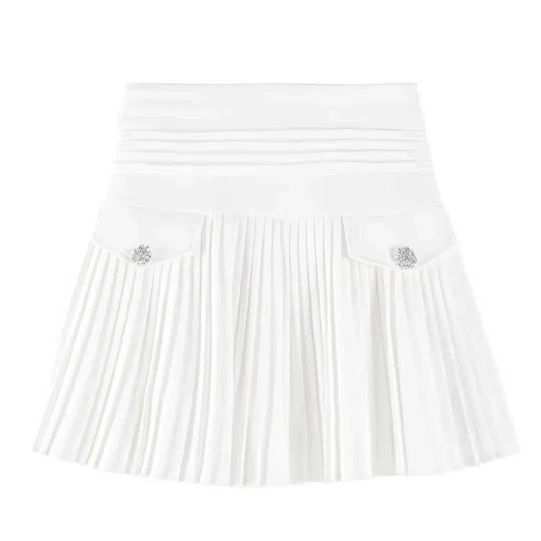 White Pleated Skirts High Waist Mini Metal Letter D A-Line