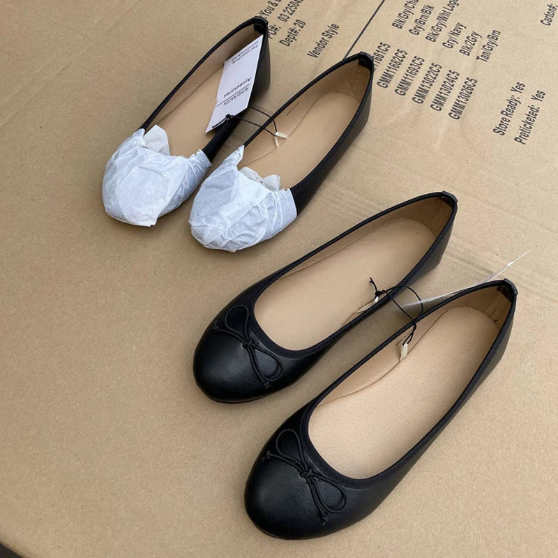 Bowknot Ballet Flats Classic Shoe Round Toe Comfort Slip-On Ladies Fashion Loafers Leather Mules Shoes