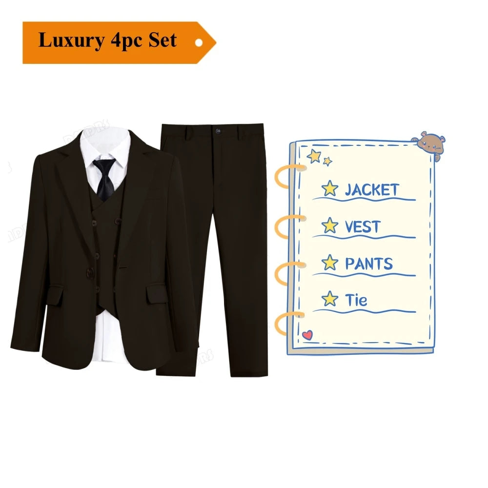 Beige Boy's Formal Suit Set, 4 Pieces Regular Fit Kids Smart Prom Suits, Jacket Vest Pants Tie Classy Solid Tuxedo For Wedding