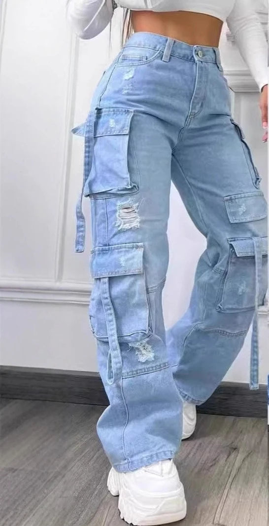 Plus Size Women's High Waist Cargo Denim