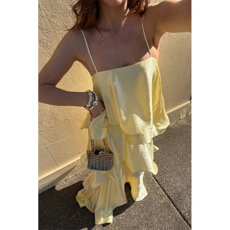 Multicolored Pleated  Maxi Dress  Spaghetti Strap Ruffle Tiered Flowy