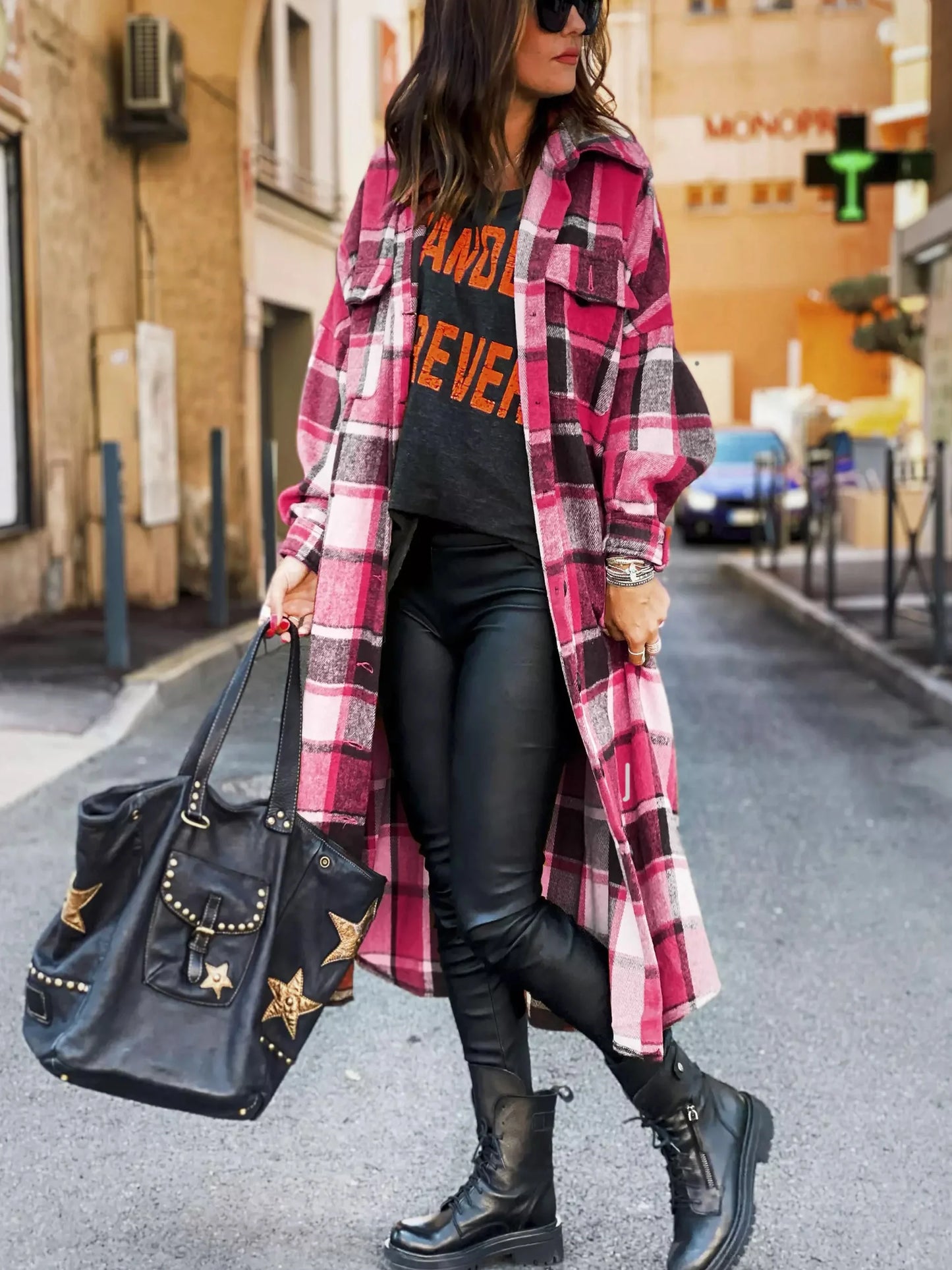Women Coat Plaid Print Long Maxi Button Coats