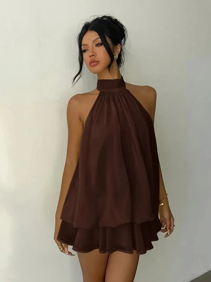Halter Neck Backless Tie Mini Dress