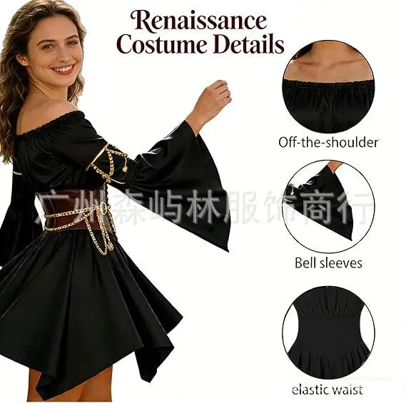 Women's Dress Suit Halloween Renaissance Medieval Pirate Dress Off-the-Shoulder Flared-Sleeve