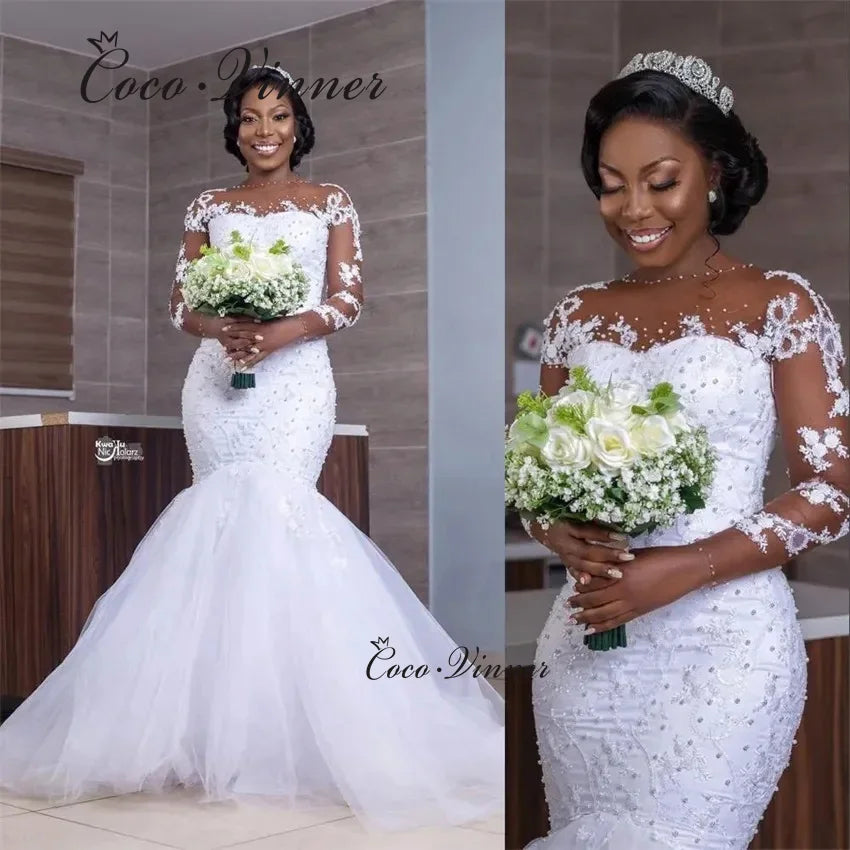 Lace Appliques  Wedding Dresses  Crystal And Pearl Beaded Illusion Sleeves Tulle Bride Dress W1377