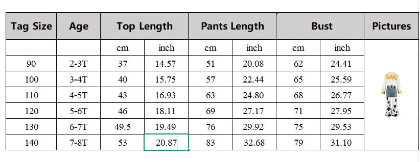 2026 Jessie Cowgirl Costume 2 Piece Set Sleeve shirt Cow Print Flared Pants Kids Cosplay Outfit