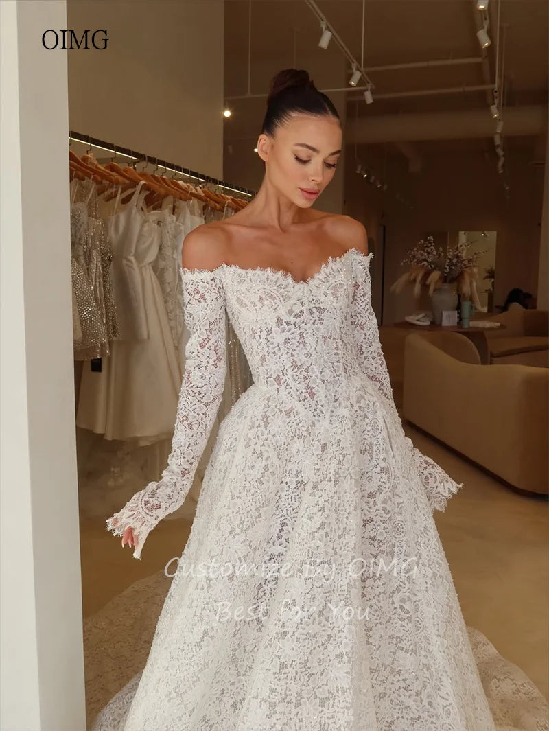 Lace Off The Shoulder A Line Wedding Dress Backless