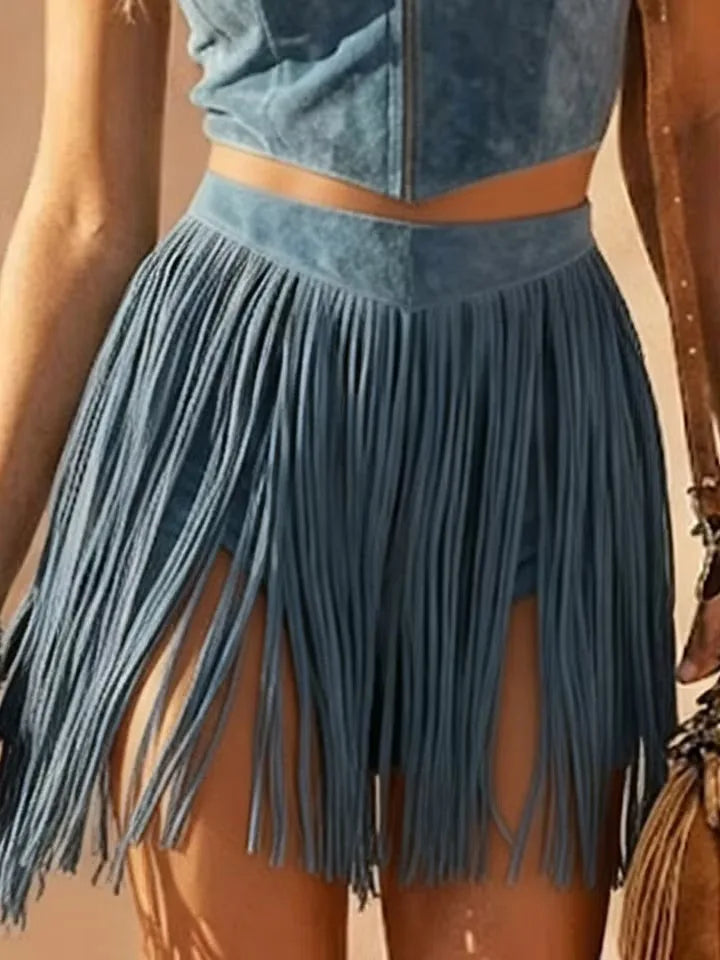 Suede Set Zipper Vest + Fringe Mini Skirt Western Style Two-Piece Set