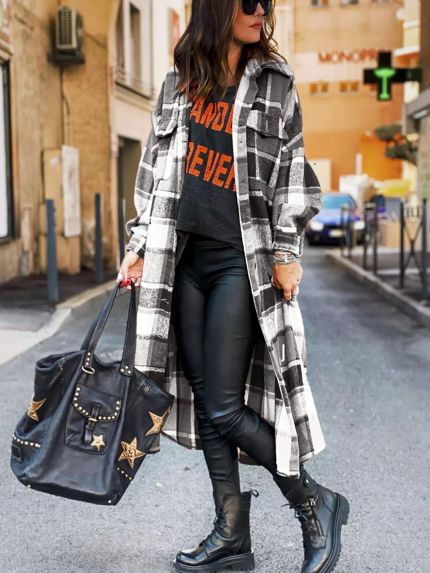 Women Coat Plaid Print Long Maxi Button Coats