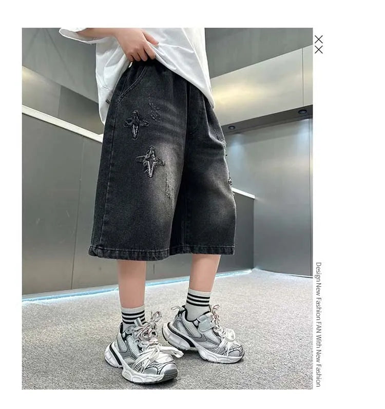 Boys Denim Shorts with Star Pattern