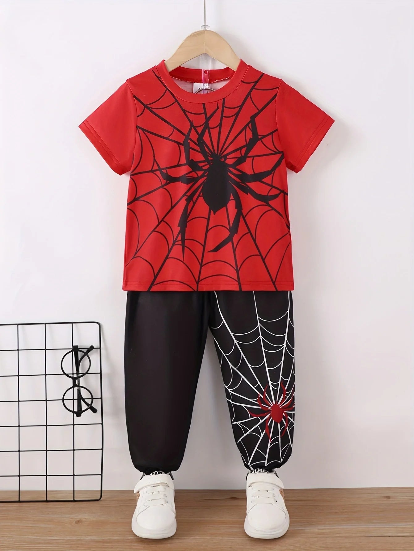 Summer Cool Boys Short Sleeves Spider Prints Two-Piece Leisure Suit For 4-7 Years Old Kids