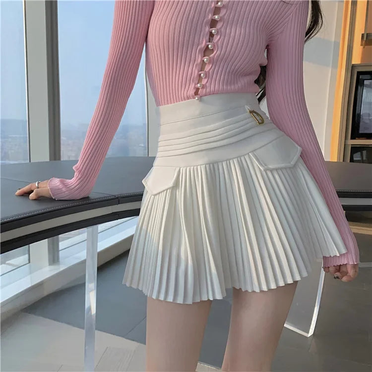 White Pleated Skirts High Waist Mini Metal Letter D A-Line